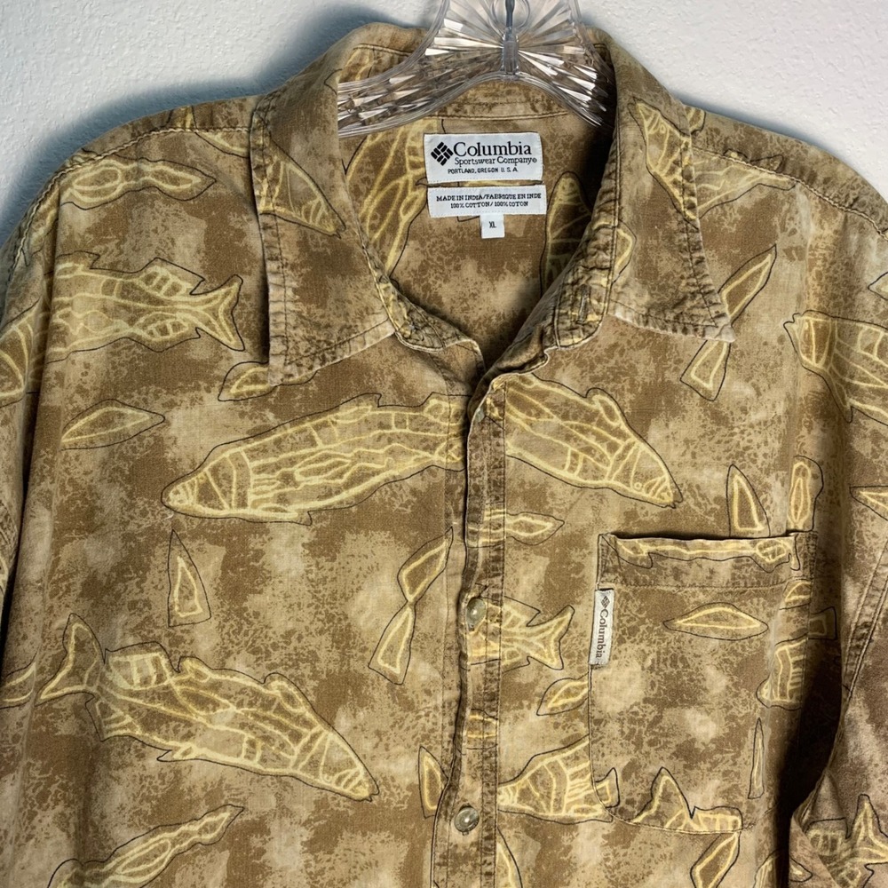 Columbia PFG Shirt Mens XL Tan Fish Print Short Sleeve Button Up Fishing